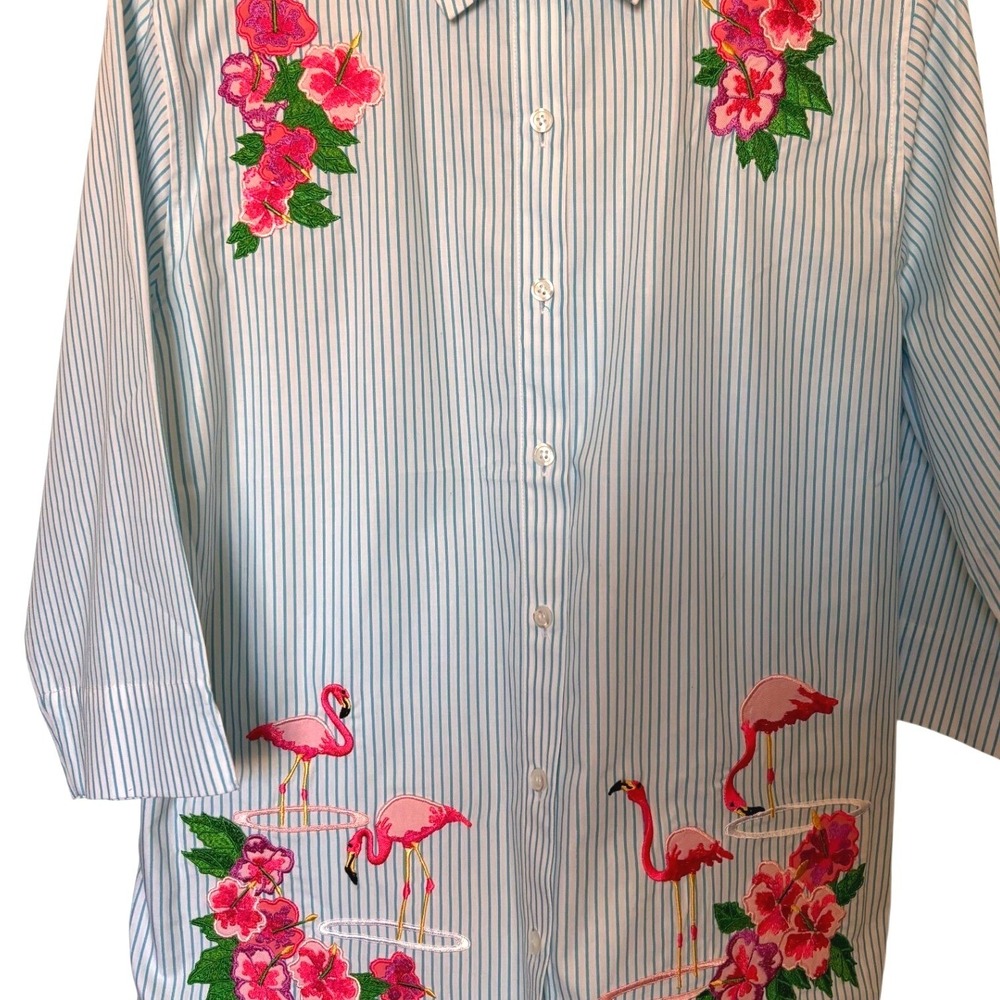 Bechamel PS Flamingo Hibiscus Embroidered Striped Shirt Blue White PS 3/4 Slv